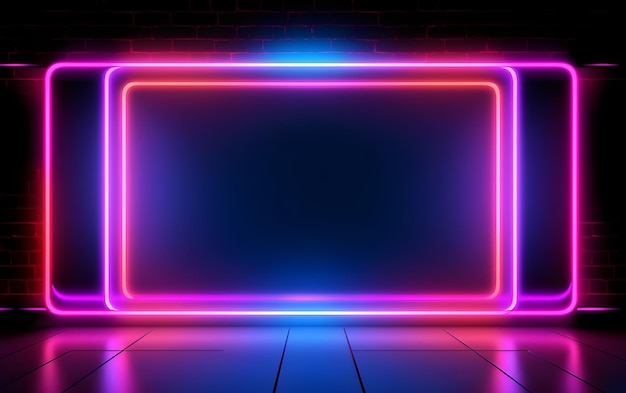 Neon frame on a wooden floor with a brick wall background