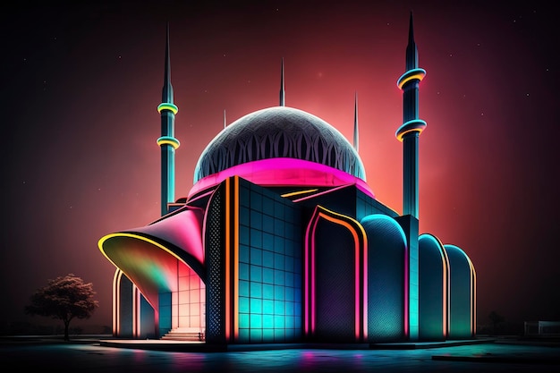 Neon Futuristic mosque , creative ai