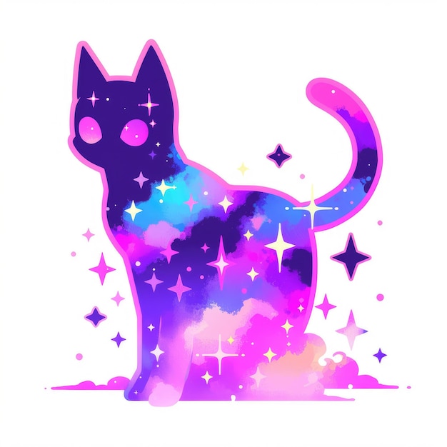 Photo neon galaxy feline fluorescent cat pixel art featuring pink and purple tones with pixel art border