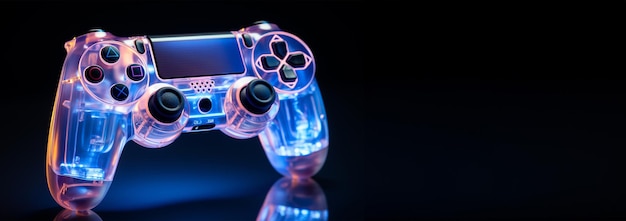 네온 게임 콘솔 투명 보라색 파란색 분홍색 반이는 콘솔 컨트롤러 또는 네온 조이스틱