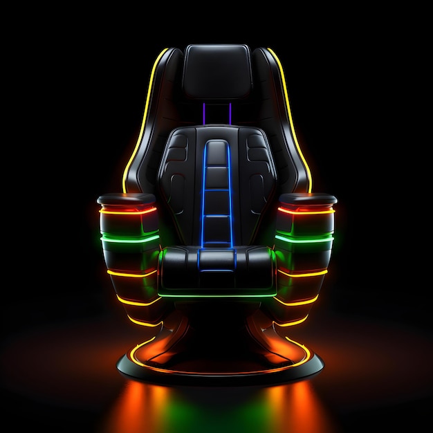 A neon gaming chair is lit up in the dark.