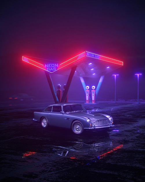 Neon gas station and retro car Vintage cyberpunk auto Fog rain and night Color vibrant reflections on asphalt 3D illustration