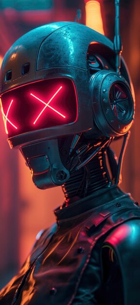 Photo neon gaze a cinematic portrait of a robot with xshaped neon lights as eyes creating a striking and futuristic depth of field in this scifi scene