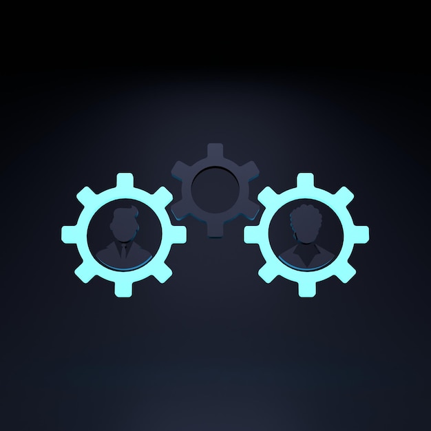 Neon gears man settings against black background 3D rendering illustration