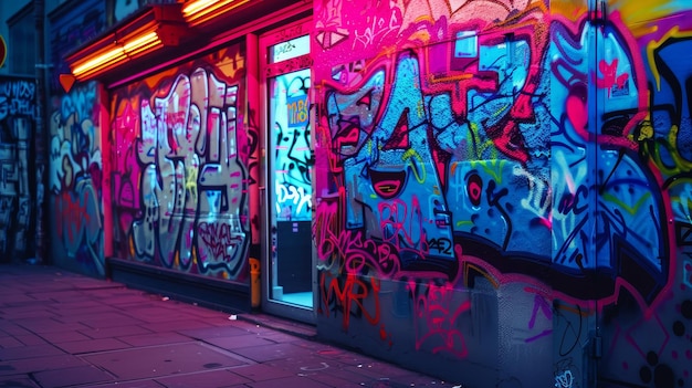 Foto neon gekleurde graffiti kunst op een cyberpunk gebouw gevel ai gegenereerde illustratie