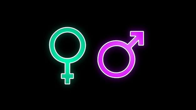 ネオンのジェンダーのアイコン 男性 女性 性平等のアイコン 輝くネオン 黒い背景に隔離されたジェンダーアイコン 男女のシンボル