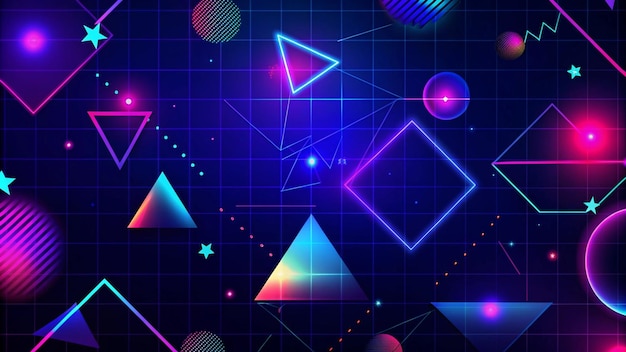 Neon geometric shapes on a grid background