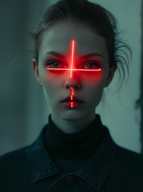 Neon girl with a cross on her face