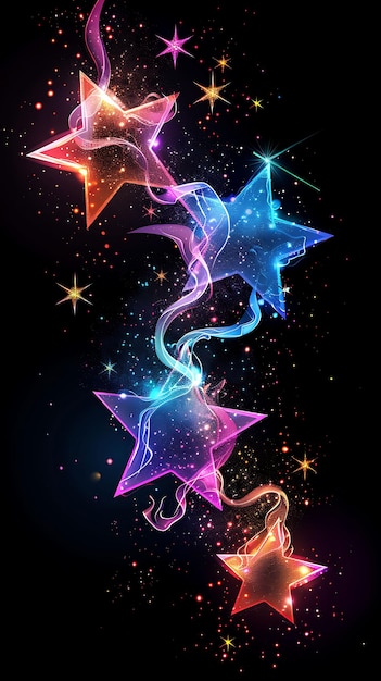 Neon Gleaming Neon Stars Twinkling and Shimmering With a Cosmic D Y2K Collage Glow Outline Design