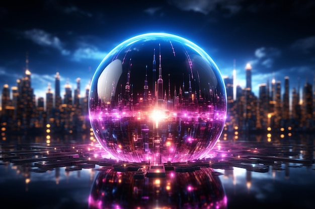 Neon globe sphere shiny stardust light 3D world light line transforming cyber digital technology IO