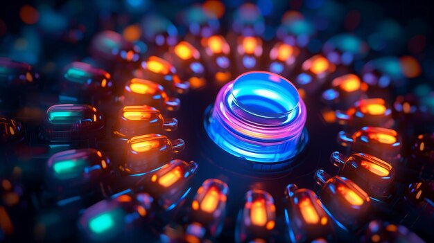 Neon gloeiende knop op een zwarte achtergrond futuristisch ontwerp digitale geluidsaudioapparatuur Wazige lichtbeweging