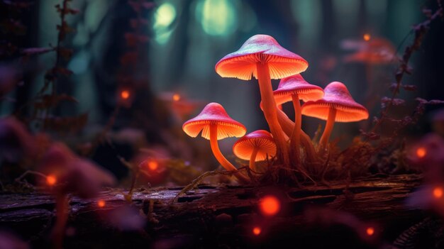 Neon gloeiende paddenstoelen in het bos