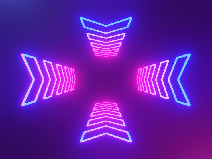 Foto neon gloeiende pijl, aanwijzer abstracte blauwe en roze achtergrond