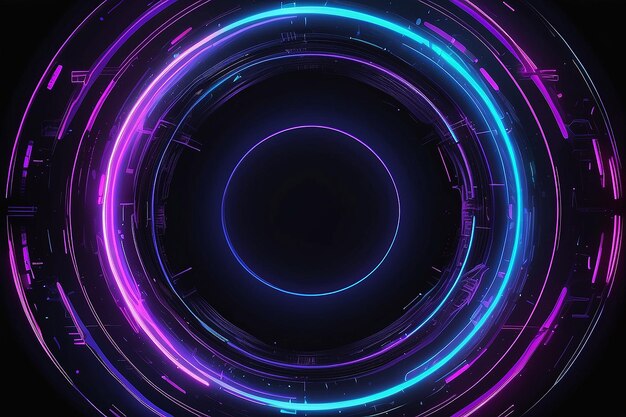 Photo neon glow abstract futuristic design with purple and blue rings on black background digital banner or poster element created by generative ai