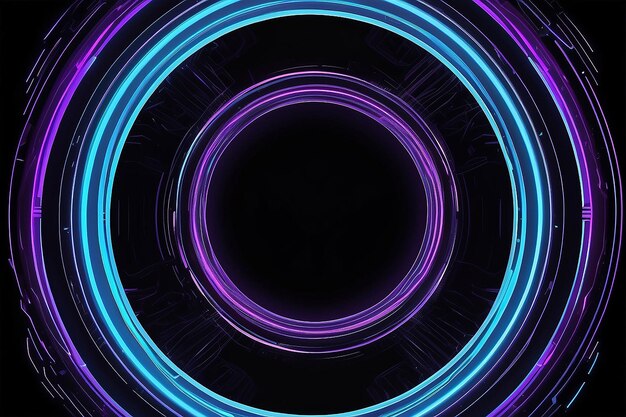 Foto neon glow abstract futuristic design con anelli viola e blu su sfondo nero banner digitale o elemento poster creato da generative ai