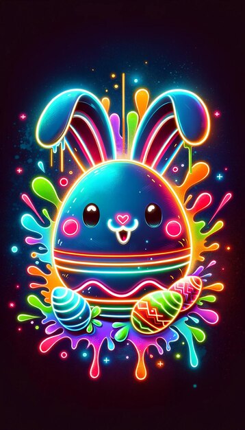 Neon Glow Easter Bunny with Vibrant Eggs