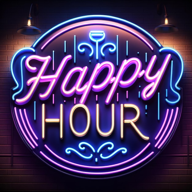 Photo neon glow happy hour sign for evening socials