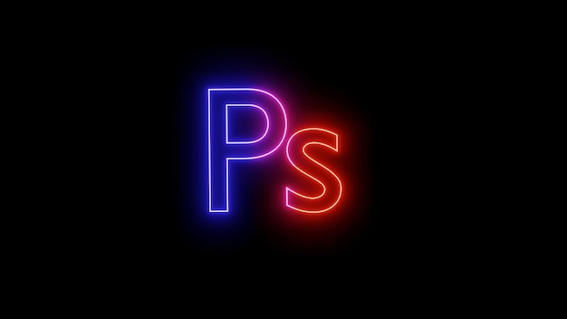 Неоновое светящееся изображение логотипа Adobe Photoshop на черном фоне