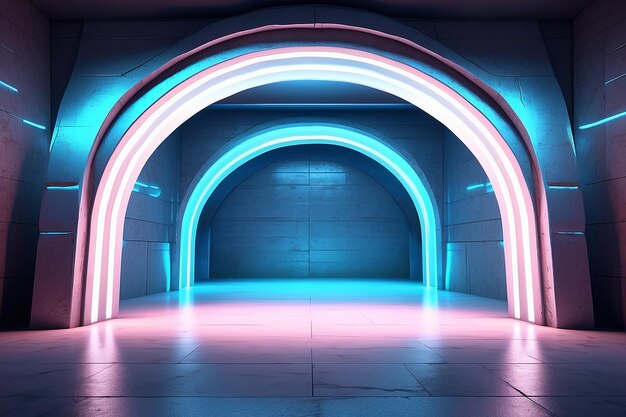 Neon Glowing Arch Gate Blue Grunge Concrete Bright Sci Fi Modern Empty Hall Garage Tunnel Corridor With White Lights Led Studio Contrast Look Reflective Room Cement Background 3D Rendering