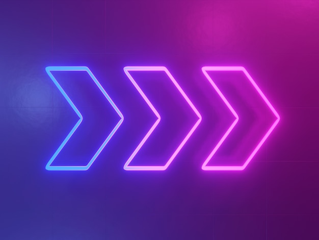 Neon glowing arrow pointer abstract blue and pink background 3d rendering