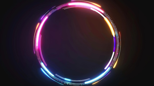 Neon glowing circle frame with glitch effect on black background Realistic modern illustration set of ring border with digital light bug
