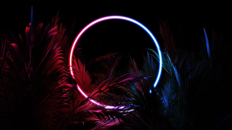 Photo neon glowing circle ring in palm leaves tropical dark background blue purple yellow green color glowing linear volumetric neon round circle 3d render