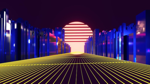 Neon glowing city with synthwave sun background Purple flashes on 3d render of skyscrapers