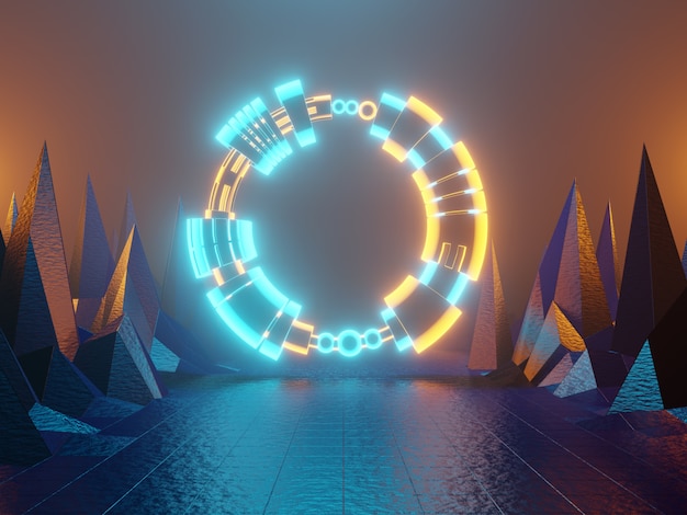 Neon glowing gate 3D rendering.