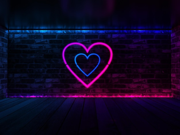 Neon glowing heart on the background of a brick wall Abstract dark background 3d illustration