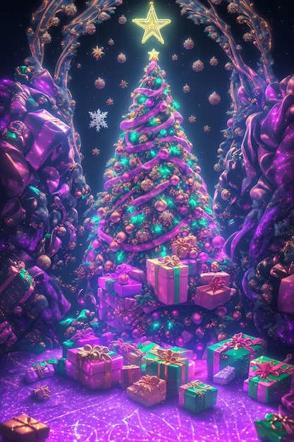 Neon glowing lights christmas tree