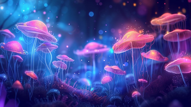 Неоновые светящиеся волшебные грибы на заднем плане