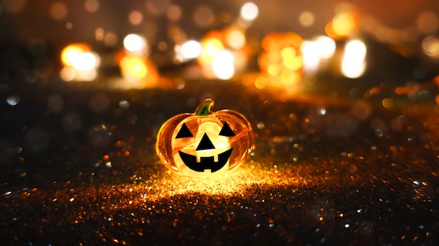 Neon glowing pumpkin head on abstract blurred bokeh background. Halloween festive background