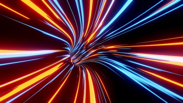 Неоновые светящиеся лучи в движении в цифровом технологическом туннеле Путешествие в пространстве и времени