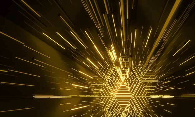 Neon glowing sci-fi futuristic background. Yellow vibrant electric lights lasers glowing tunnel corridor. 3d rendering