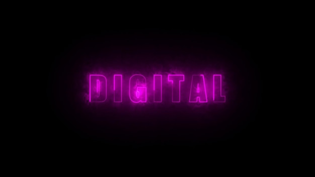 Neon glowing sign with the word digital in pink against a dark background