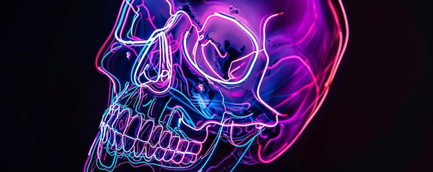 Foto cranio luminoso al neon sullo sfondo scuro