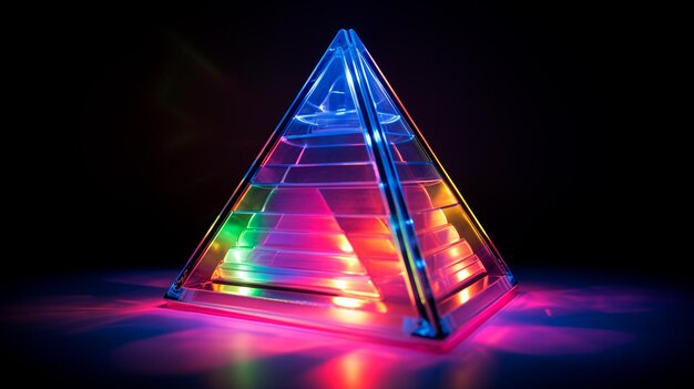 neon glowing triangle with fluorescent lights on a black wooden background