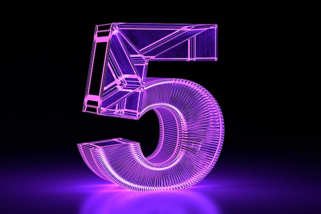 Neon glowing volumetric 3D number five Purple Digital design 3D render