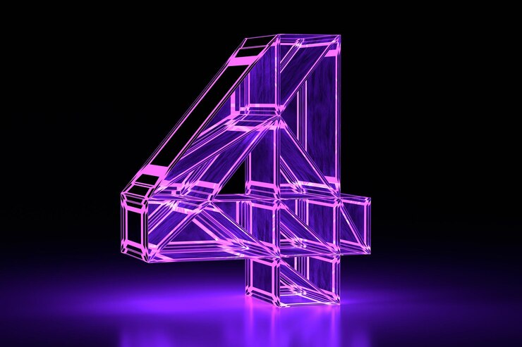 Неоновый светящийся объемный 3D номер четыре Фиолетовый цифровой дизайн 3D рендеринг