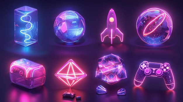 Neon gradiënt 3D object collectie met inbegrip van bol ruimte raket spel controller polyhedron kubus en vloeistof bubbels