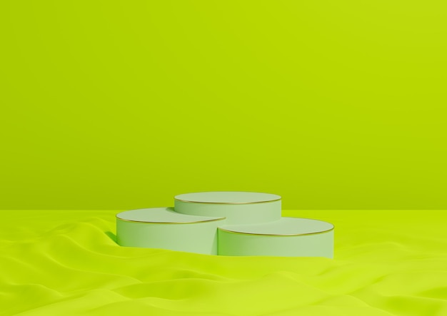 Неоновый зеленый 3D минимальный дисплей продукта роскошные цилиндрические подиумы волнистый текстильный фон фотографии