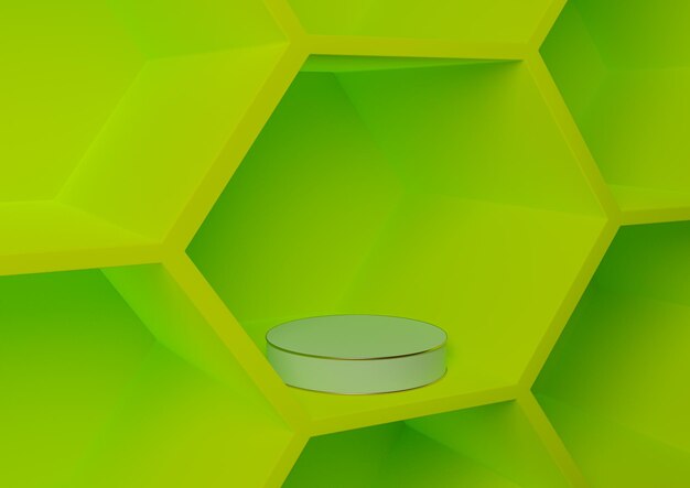 Neon green 3D product display honeycomb pattern abstract background geometric template platform podi