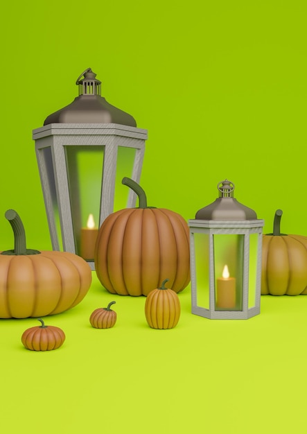 Neon green illustration autumn fall Halloween themed product display pumpkins lanterns candles