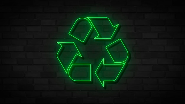 Neon green recycle sign on brick background Design element