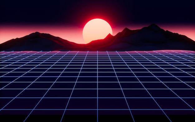 Neon grid and landscape 3d rendering