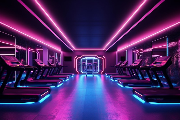 A neon gym with a blue light on the wall and a sign that says'gym '