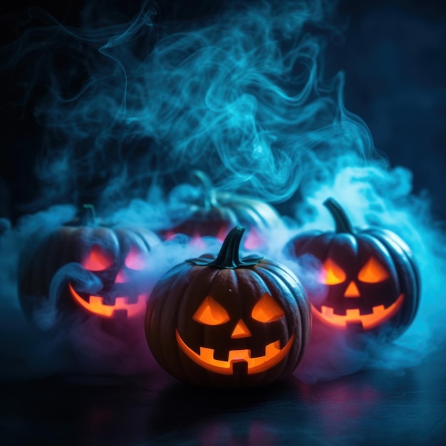 Neon halloween pumpkins and smoke