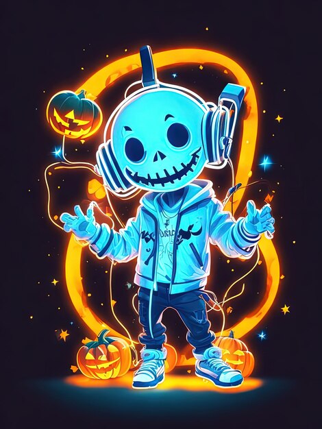 Neon halloween skeletons pumpkins and catrinas on tshirts and logos