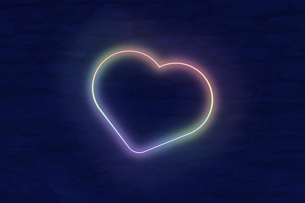 Photo neon heart on a blue brick background.