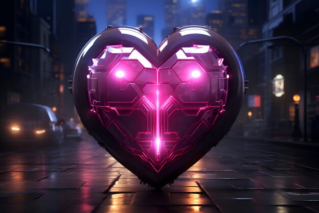 Foto cuore di neon in città di notte rendering 3d